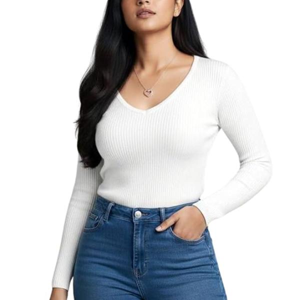 Women’s V Neck Ribbed Full Sleeve Top for Women Stylish Fitted Ribbed Top for Jeans | Casual Office Tops for Women | Western Tops for Women Stylish