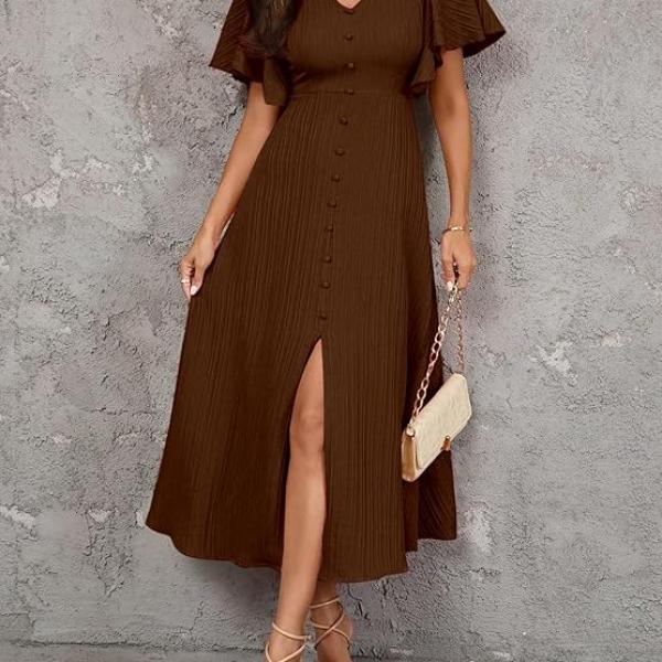 Shasmi Girl's & Women's Pleated Midi Dress with Flutter Sleeves | V-Neck Western Dress for Women | Elegant A-Line Summer Outfit | Office & Casual Wear (Dress 244)