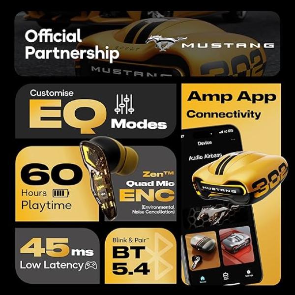 GOBOULT Mustang Torq Wireless in Ear Earbuds with 60H Playtime, App Support, Quad Mic ENC, 45ms Low Latency, 13mm Driver, Breathing LEDs, Made in India Ear Buds Wireless (Yellow)