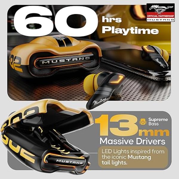 GOBOULT Mustang Torq Wireless in Ear Earbuds with 60H Playtime, App Support, Quad Mic ENC, 45ms Low Latency, 13mm Driver, Breathing LEDs, Made in India Ear Buds Wireless (Yellow)