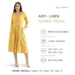 SAADAA Women's Solid Airy Linen Flared Dress | Notch Collar & 3/4 Sleeves with Adjustable Belt | Below-Knee Western Dress
