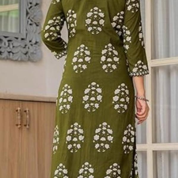 PARTHVI Women's Pure Cotton Printed Straight Kurta Set with Palazzo Pants & Dupatta- Ethnic Wear, Green