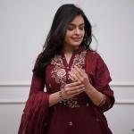 Women's Cotton Embroidery work Straight kurti with Pant & mulmul dupatta set (Maroon-XL)