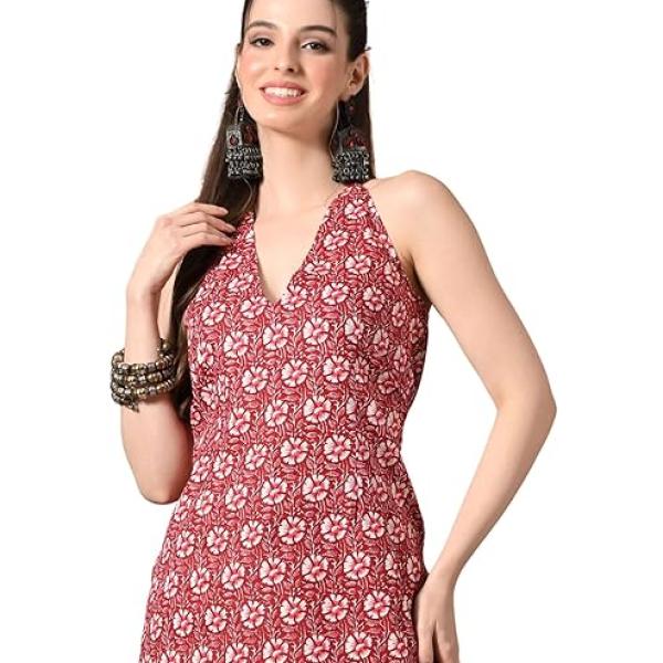 Amazon Brand - Tavasya Women Printed Cotton Sleeveless V-Neck Kurti Top | Lightweight A-Line Casual Tunic for Summer Wear