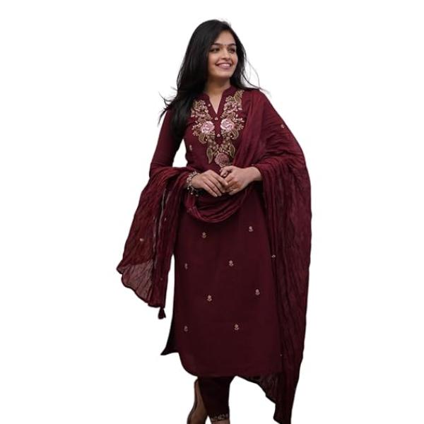Women's Cotton Embroidery work Straight kurti with Pant & mulmul dupatta set (Maroon-XL)