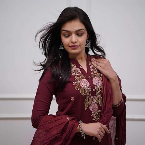Women's Cotton Embroidery work Straight kurti with Pant & mulmul dupatta set (Maroon-XL)