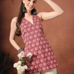 Amazon Brand - Tavasya Women Printed Cotton Sleeveless V-Neck Kurti Top | Lightweight A-Line Casual Tunic for Summer Wear