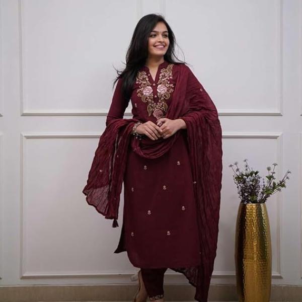 Women's Cotton Embroidery work Straight kurti with Pant & mulmul dupatta set (Maroon-XL)