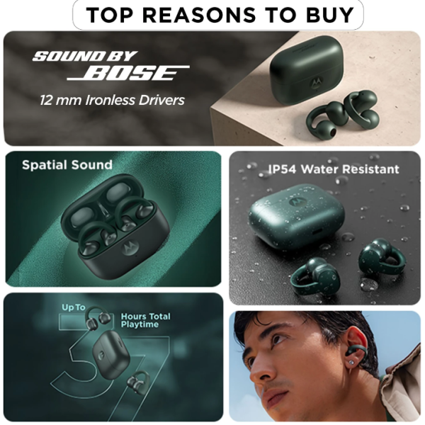 MOTOROLA Moto Loop | Sound by Bose |Lightweight & Comfortable| IP54 | Sweat proof Bluetooth Headset (Green, True Wireless)