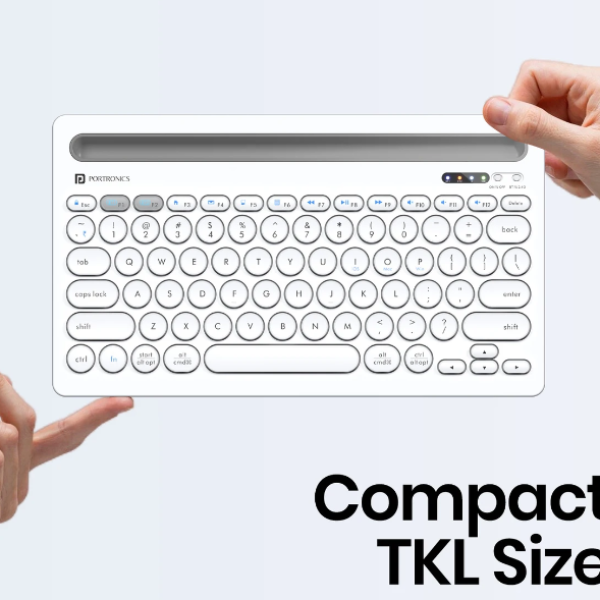 Portronics Bubble Dock Bluetooth, Wireless Handheld Laptop Keyboard Compatible with Desktop, Laptop, Mac with Tablet/Smartphone holder 12 inch wide & On/Off switch,Compact Tenkeyless (White)