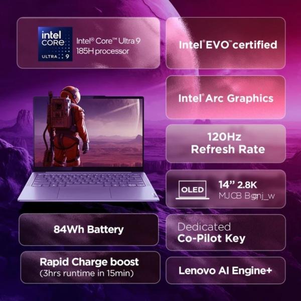 Lenovo Yoga Slim 7 Ultra 9 185H WUXGA OLED with 1Yr ADP Intel Core Ultra 9 185H - (32 GB/1 TB SSD/Windows 11 Home) Yoga Slim 7 14IMH9 Thin and Light Laptop (14 inch, Luna Grey, 1.39 Kg, With MS Office)