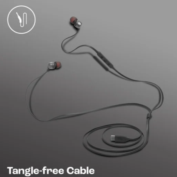 JBL Tune 310 Wired in-Ear Type C Headphones, Hi-Res Audio with Digital-to-Analog Converter, 3-Button EQ Preset Remote with Microphone, Tangle-Free Flat Cable, Compatible with USB-C Devices, Black