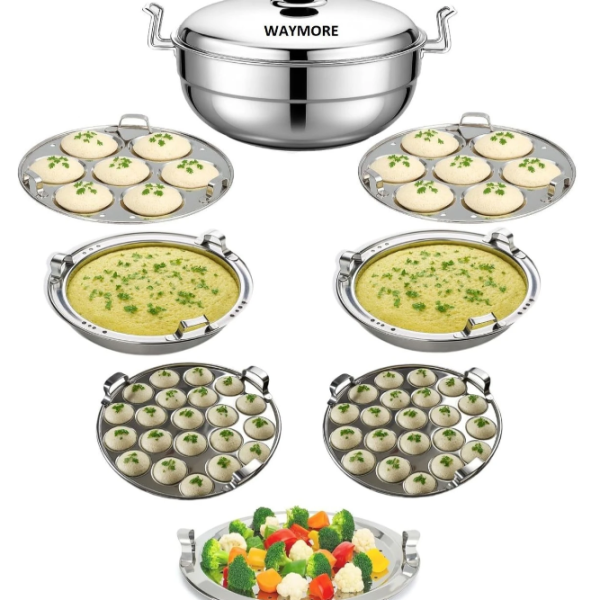 WAYMORE Multi Kadai Steamer Big Size 7 Plate, 2 Idli|2 Mini Idli|2Dhokla|1 Patra|Momo's| Induction & Standard Idli Maker (7 Plates , 52 Idlis )