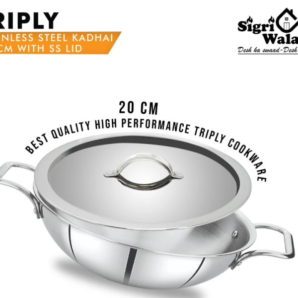 Sigri-wala Cook Healthy Triply Kadhai 20 cm diameter with Lid 1.8 L capacity (Triply, Induction Bottom)