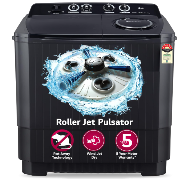 LG 11 Kg 5 Star Wind Jet Dry Rat Away Technology Semi-Automatic Top Loading Washing Machine (P1155SKAZ, Roller Jet Pulsator, Punch + 3, Middle Black)