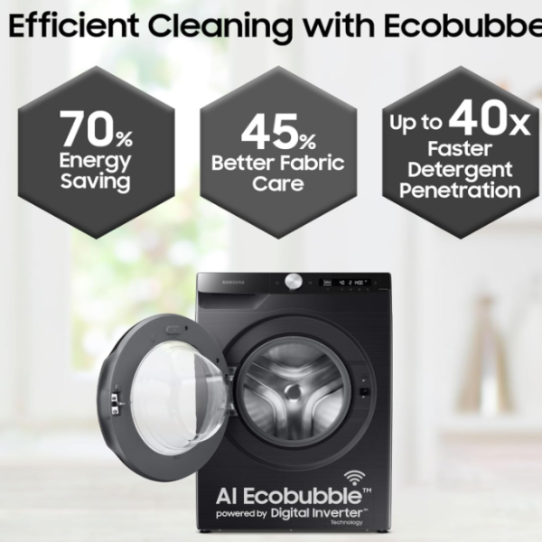 Samsung 8 kg, 5 star, Eco Bubble Technology, AI Control, Wi-Fi, Fully-Automatic Front Load Washing Machine (WW80T504DAB1TL, Hygiene Steam, Black Caviar, Awarded as Washing Machine Brand of the year)