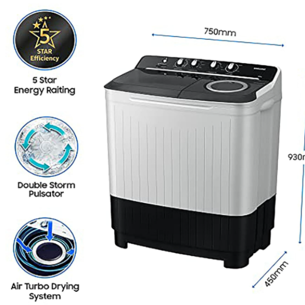 Samsung 8.5 Kg, 5 Star, Semi-Automatic Washing Machine (Wt85B4200Gg/Tl, Air Turbo Drying, Light Gray, Awarded as Washing Machine Brand of the year)