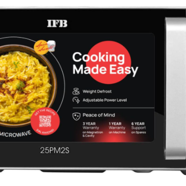 IFB 25L Solo Microwave Oven with 61 Auto Cook Menus (25PM2S, Silver, Easy to use Jog dial & Buttons, Mug Recipes, Steam Clean, Auto Reheat, Preset Timer, Power Save, Multi-Stage Cooking)