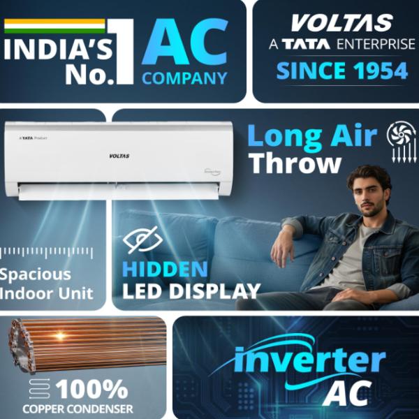 Voltas 243V Vectra Elite 2 ton 3 star inverter Split AC|4-IN-1 Adjustable mode|Energy Efficient|High ambient Cooling-cools even at 52°C|Anti dust filter with Anti-microbial coating|Copper Coil| White